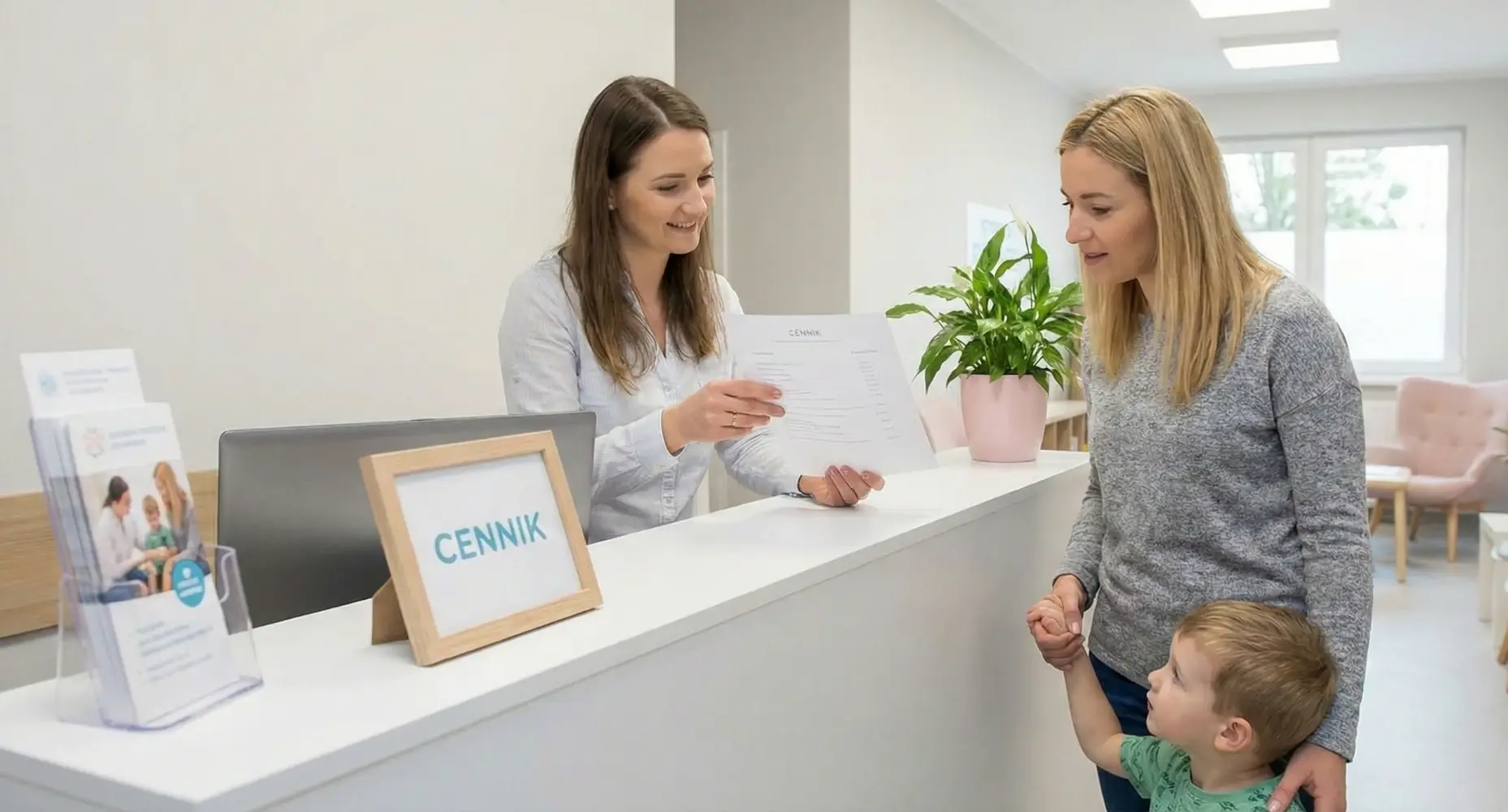 Dziecko z kobietą oraz psycholog rozmawiający na temat problemów korzystając z tabletów